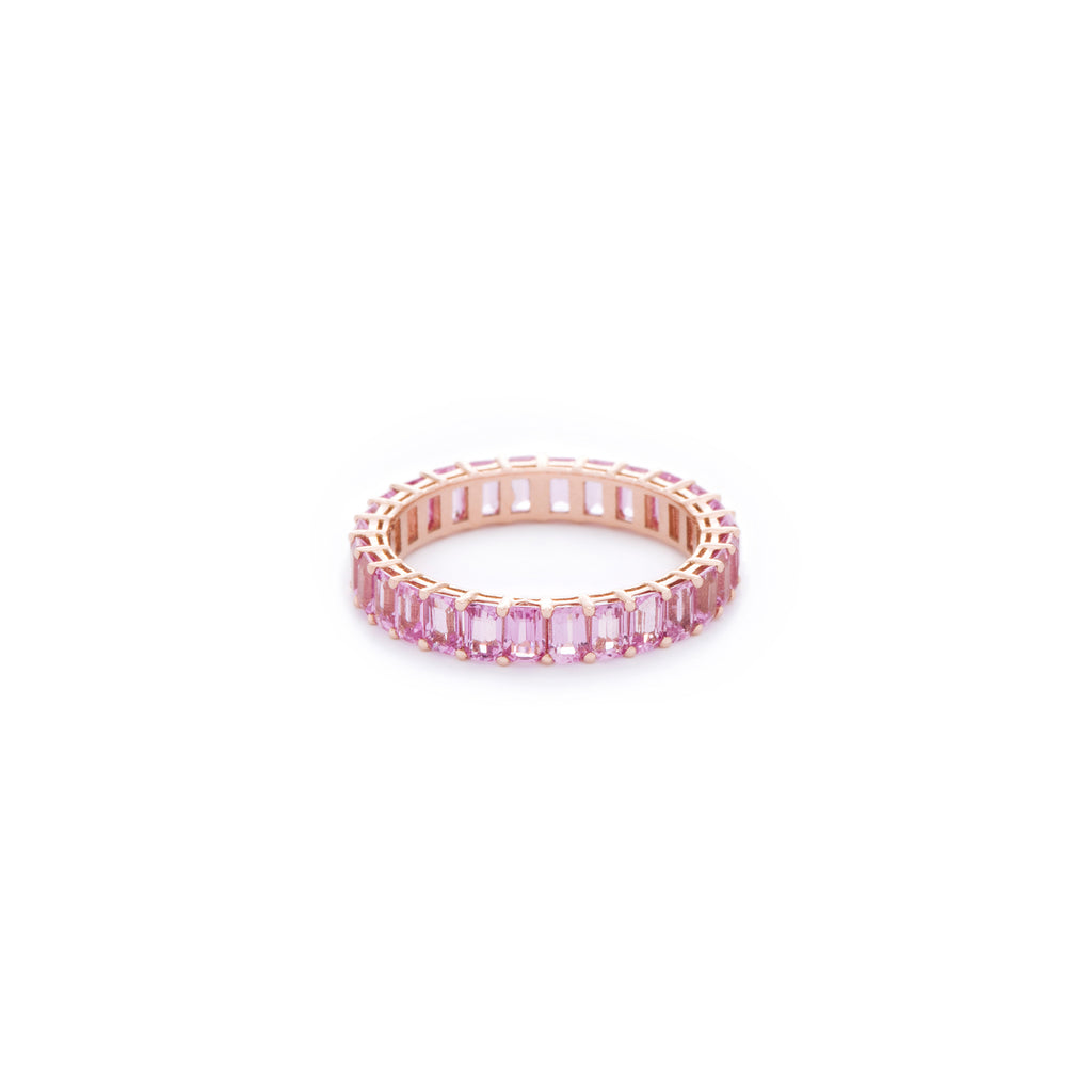 Pink emerald cut sapphire ring. Handcrafted in Australia from with custom cut petite size natural sapphires with 18K gold band. All stones individually assessed by certified gemologist.