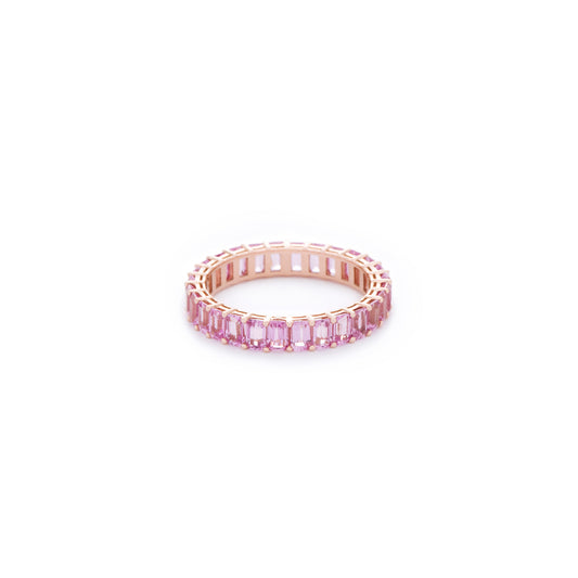 Pink emerald cut sapphire ring. Handcrafted in Australia from with custom cut petite size natural sapphires with 18K gold band. All stones individually assessed by certified gemologist.