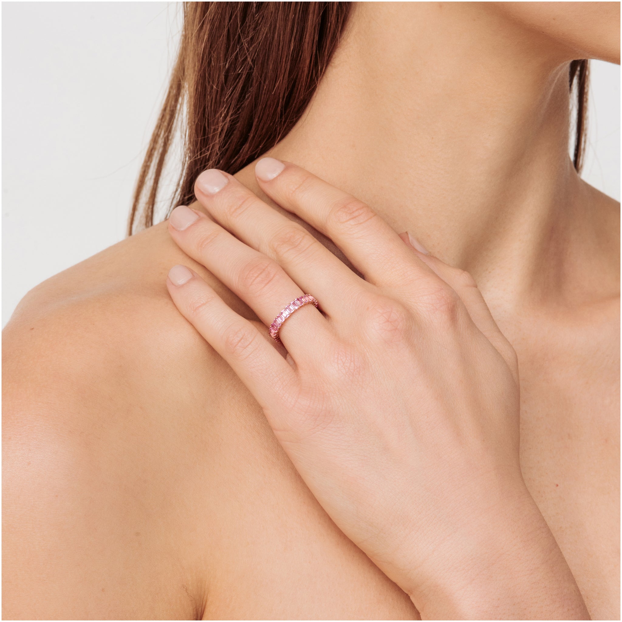Pink emerald cut sapphire ring. Handcrafted in Australia from with custom cut petite size natural sapphires with 18K gold band. Perfect for stacking or as a stand alone statement piece.