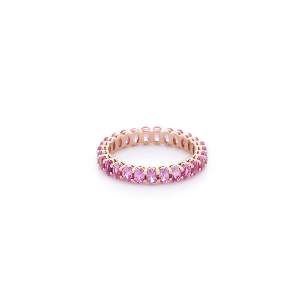 Pink oval cut sapphire ring. Handcrafted in Australia from with custom cut petite size natural sapphires within 18K gold band. All stones individually assessed by certified gemologist.